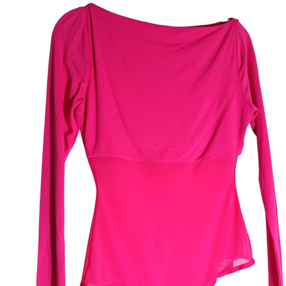 NEW Naked Wardrobe‎ Mesh It Up Longsleeve Thong Bodysuit in Bright Pink, Large - Picture 4 of 12
